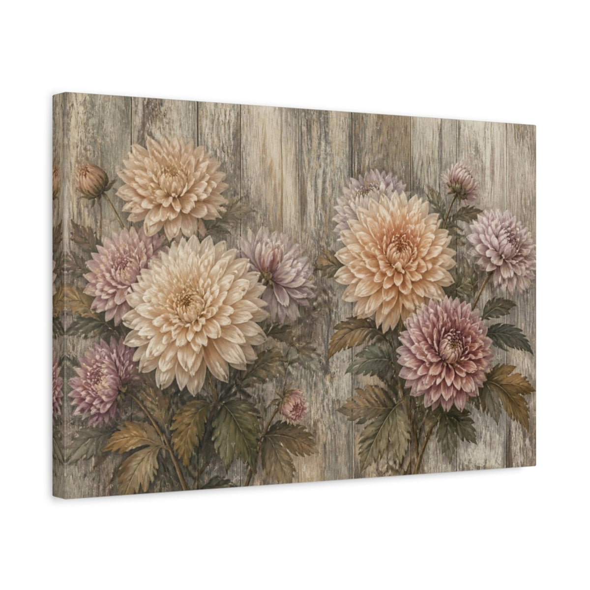 Side Mockup 3. Muted Chrysanthemums On Wood shown as canvas print