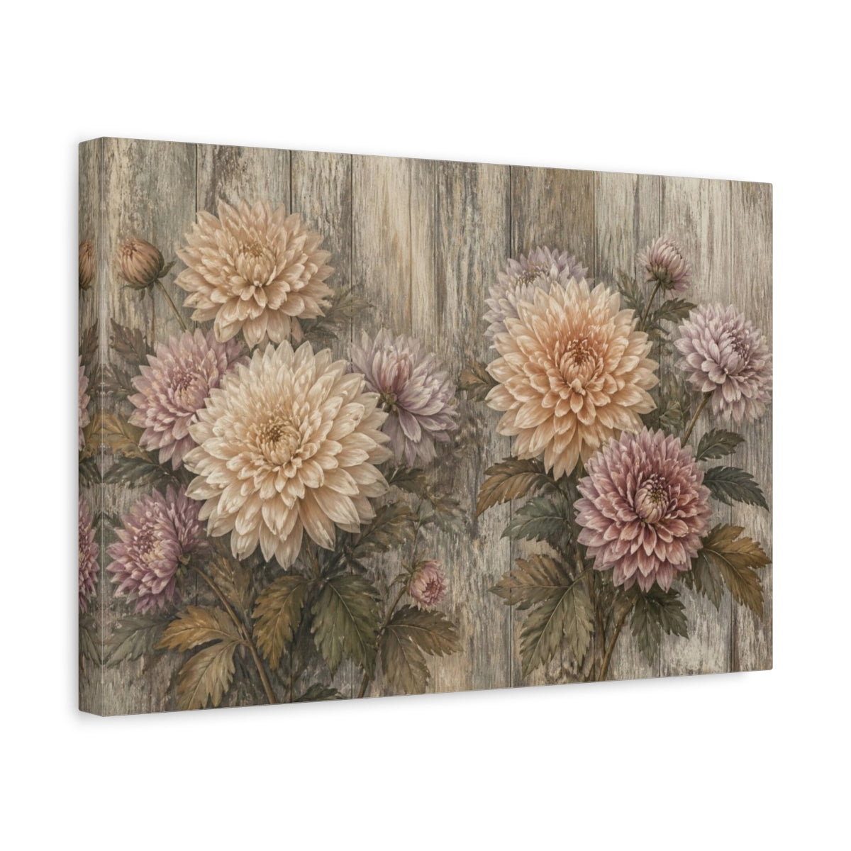 Side Mockup 4. Muted Chrysanthemums On Wood shown as canvas print