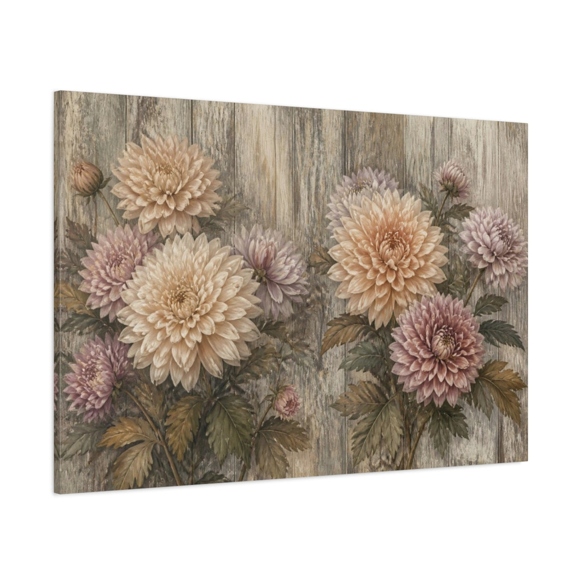 Side Mockup 1. Muted Chrysanthemums On Wood shown as canvas print
