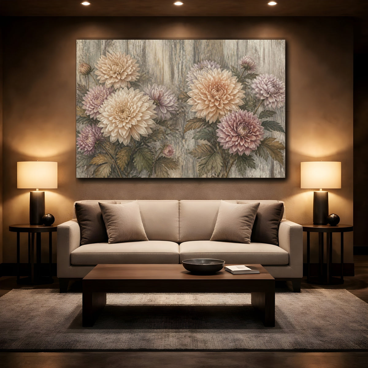 Mockup 2. Muted Chrysanthemums On Wood shown as canvas print