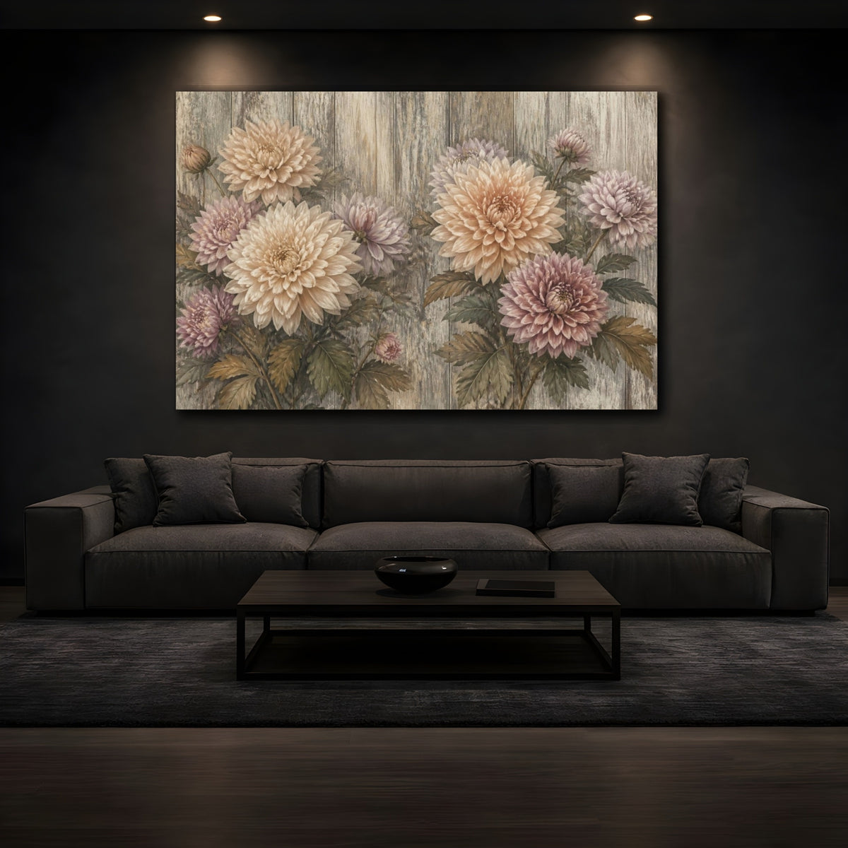 Mockup 3. Muted Chrysanthemums On Wood shown as canvas print
