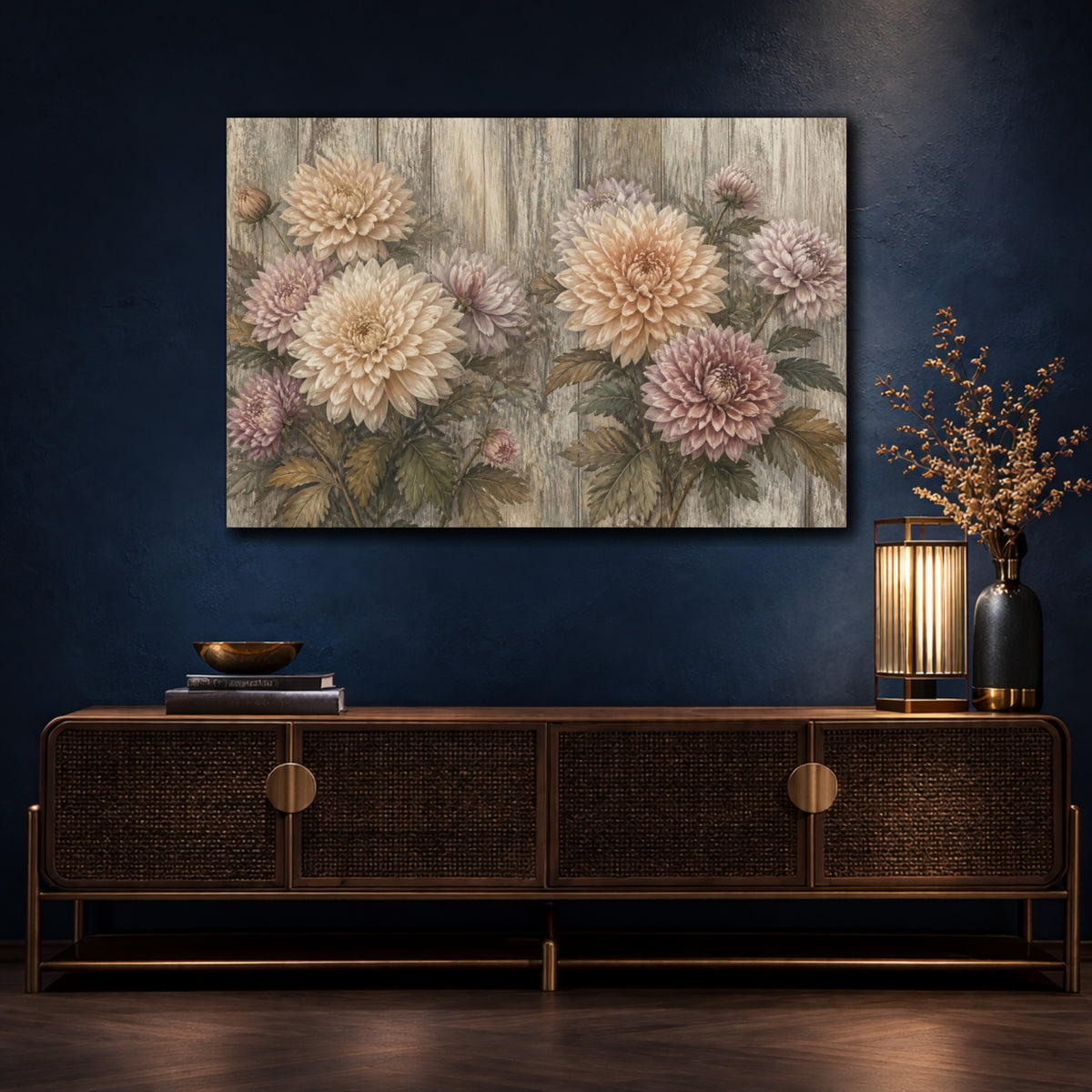 Mockup 4. Muted Chrysanthemums On Wood shown as canvas print