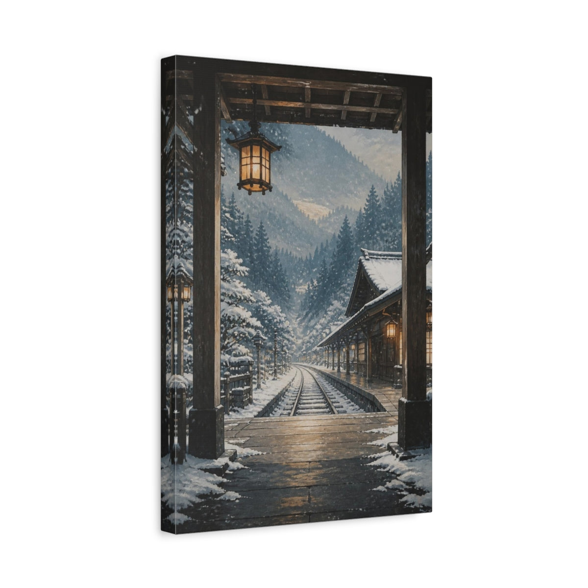 Side Mockup 4. Muted Tempera Panel Painting Snowy Rail Station Beneath Cedar Hills, Blue-Gray, White And Warm Amber shown as canvas print