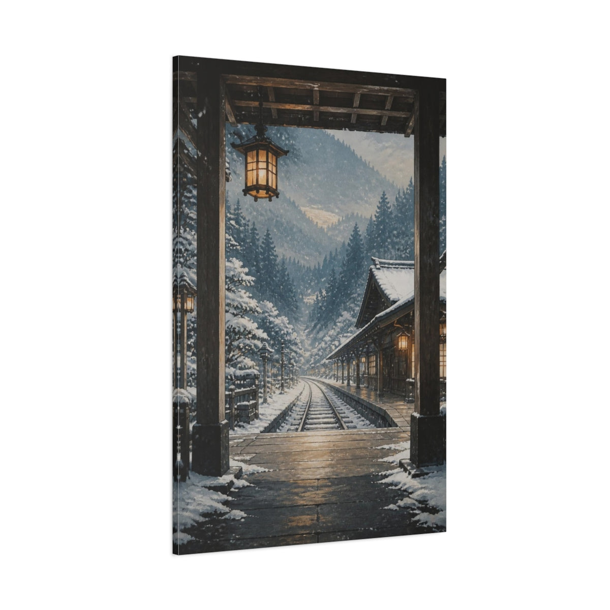 Side Mockup 1. Muted Tempera Panel Painting Snowy Rail Station Beneath Cedar Hills, Blue-Gray, White And Warm Amber shown as canvas print