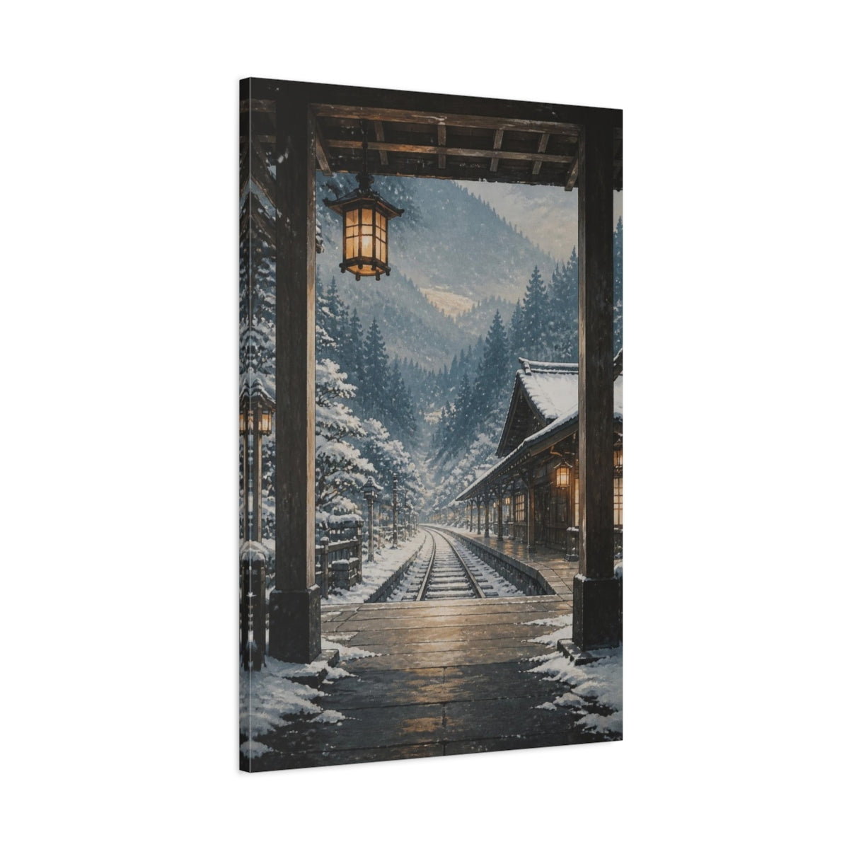 Main Mockup. Muted Tempera Panel Painting Snowy Rail Station Beneath Cedar Hills, Blue-Gray, White And Warm Amber shown as canvas print
