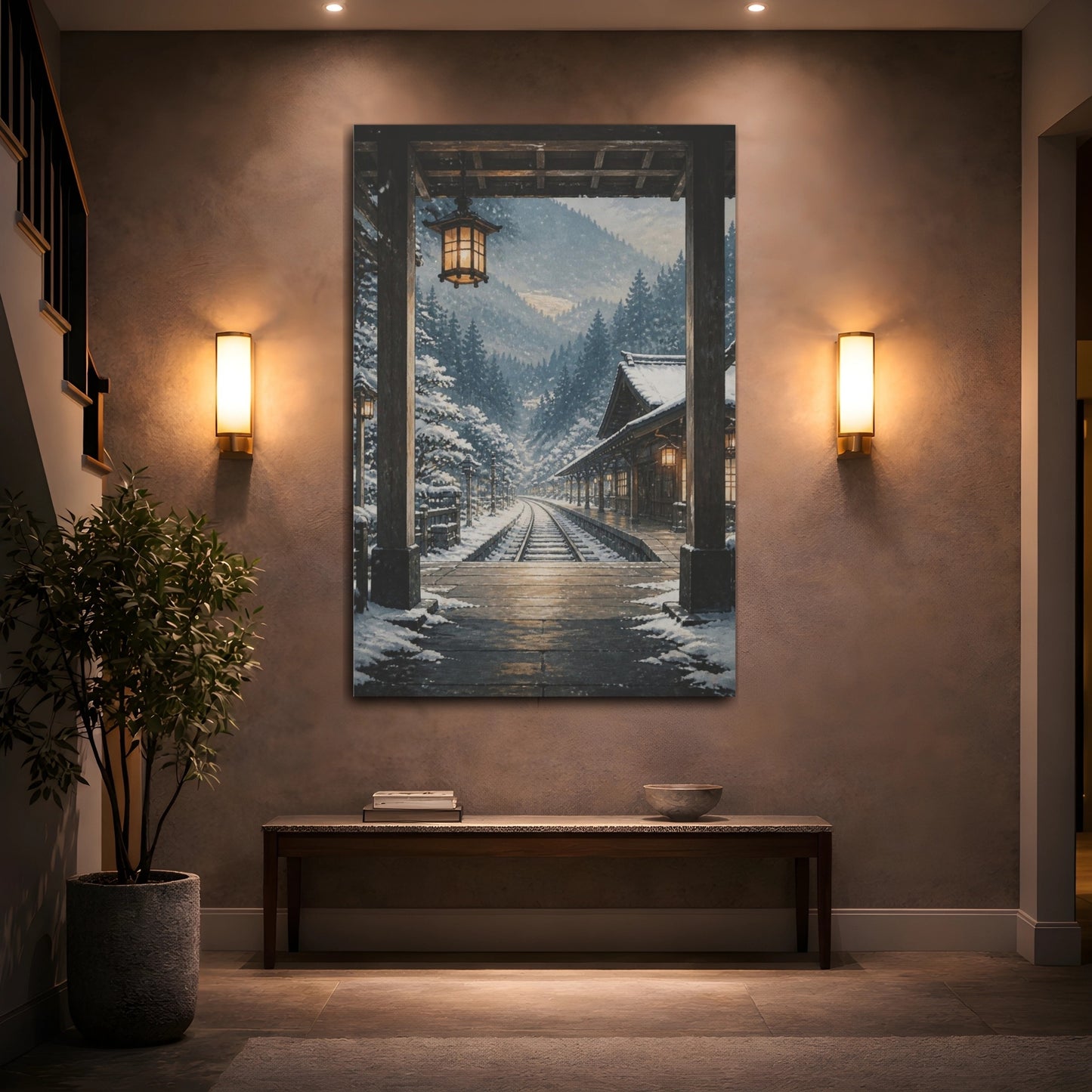 Mockup 2. Muted Tempera Panel Painting Snowy Rail Station Beneath Cedar Hills, Blue-Gray, White And Warm Amber shown as canvas print
