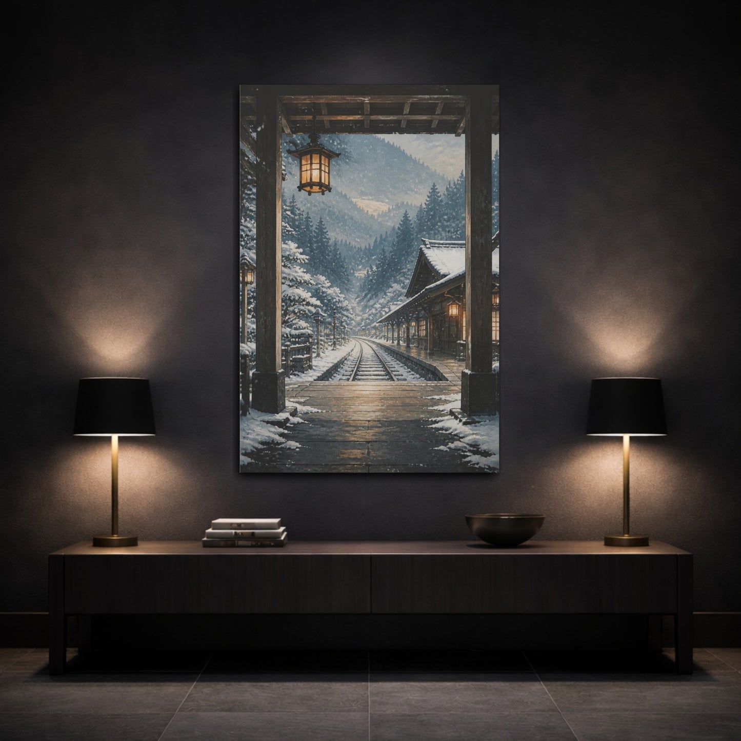 Mockup 3. Muted Tempera Panel Painting Snowy Rail Station Beneath Cedar Hills, Blue-Gray, White And Warm Amber shown as canvas print