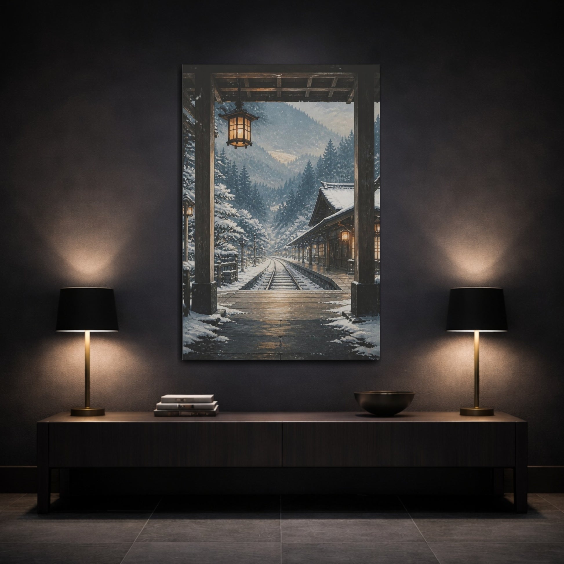 Mockup 3. Muted Tempera Panel Painting Snowy Rail Station Beneath Cedar Hills, Blue-Gray, White And Warm Amber shown as canvas print