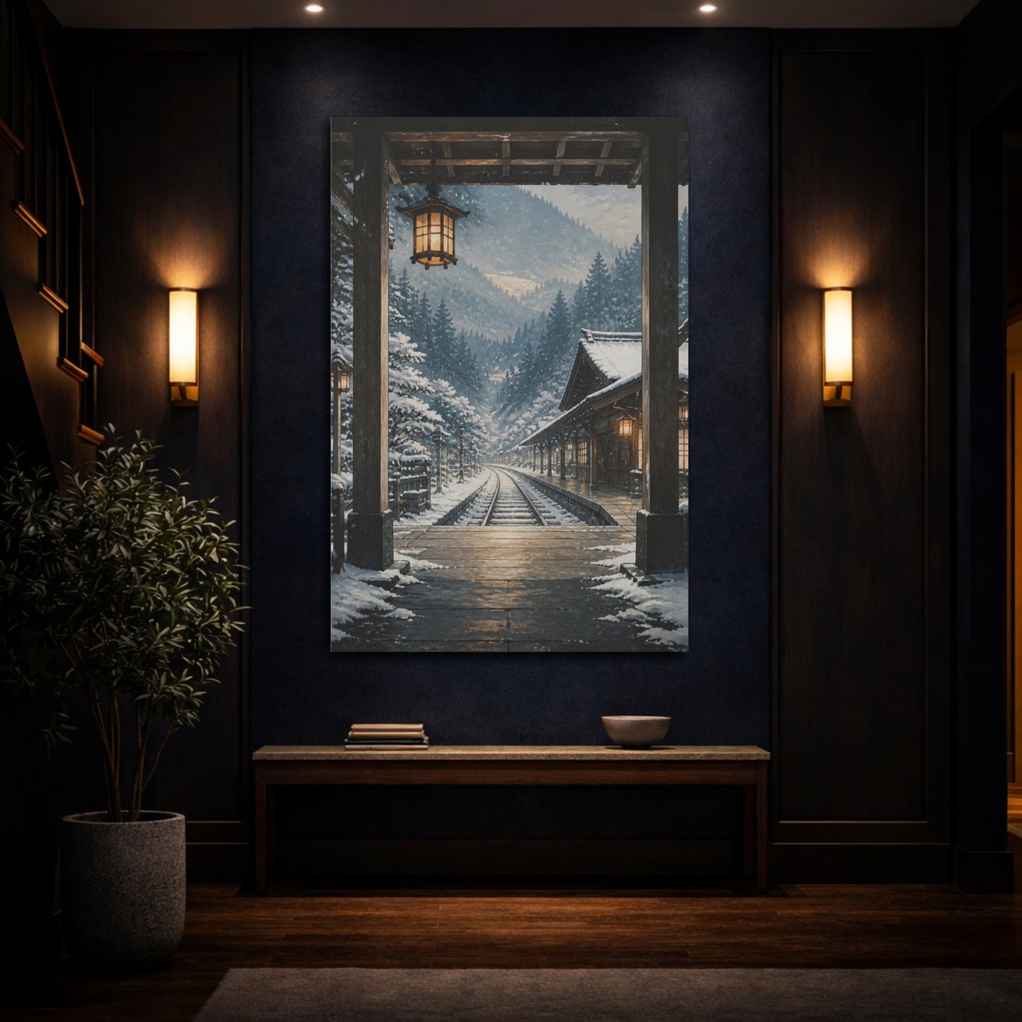 Mockup 4. Muted Tempera Panel Painting Snowy Rail Station Beneath Cedar Hills, Blue-Gray, White And Warm Amber shown as canvas print