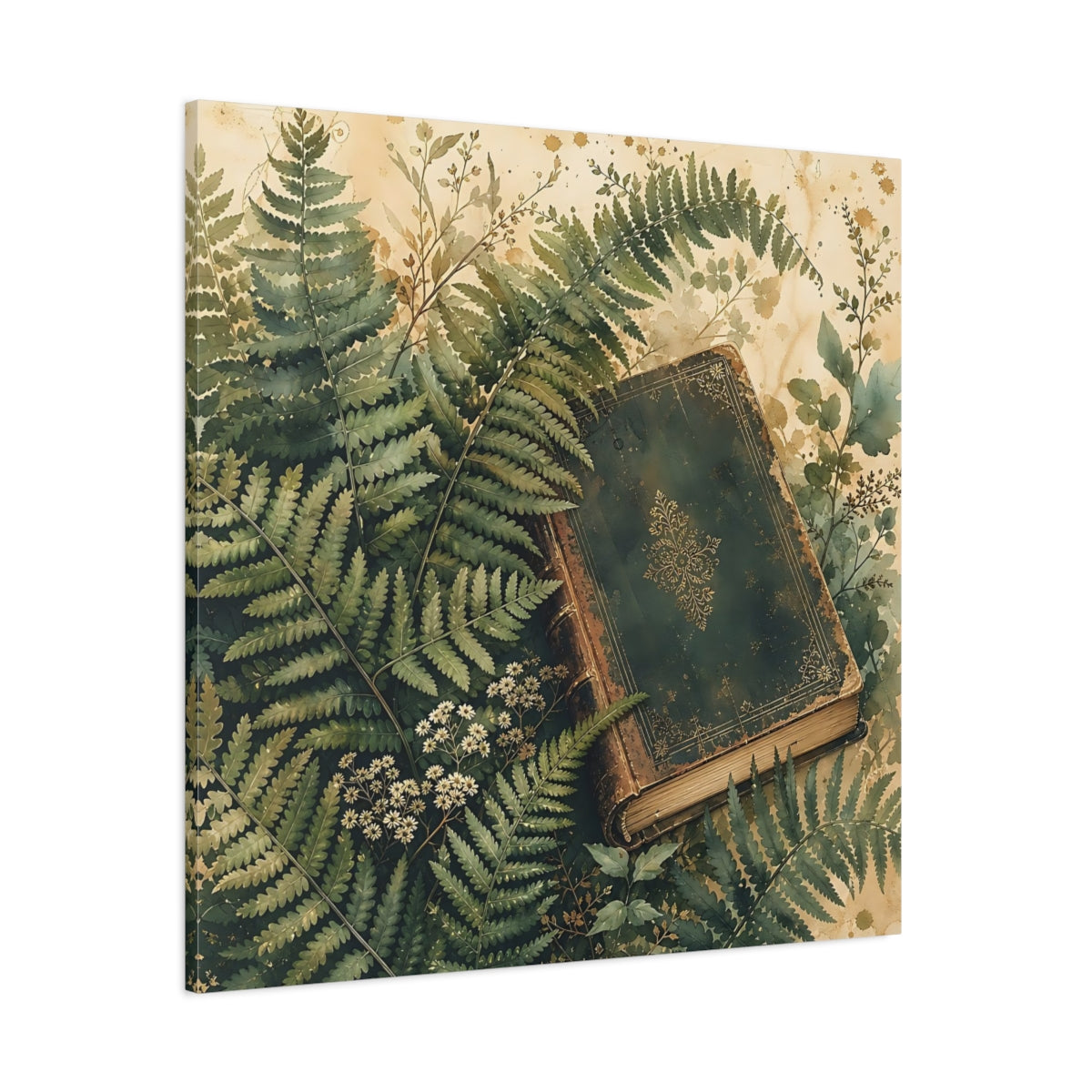 Side Mockup 1. Muted Tonal Painting Fern Leaves Beside Old Book shown as stretched canvas wall art