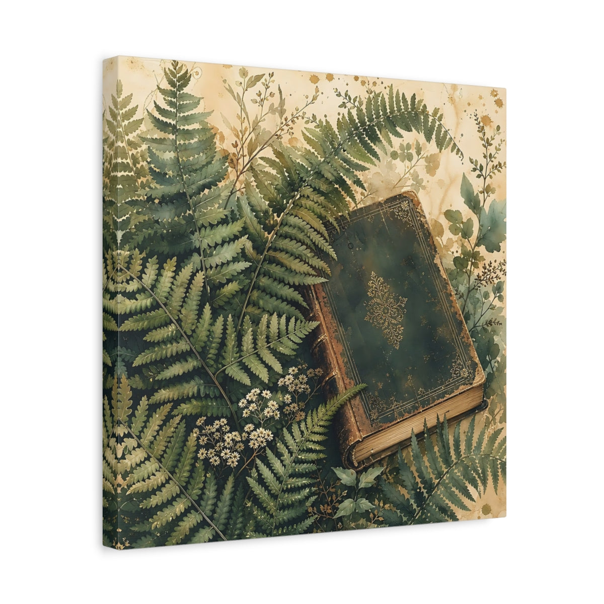 Side Mockup 6. Muted Tonal Painting Fern Leaves Beside Old Book shown as stretched canvas wall art