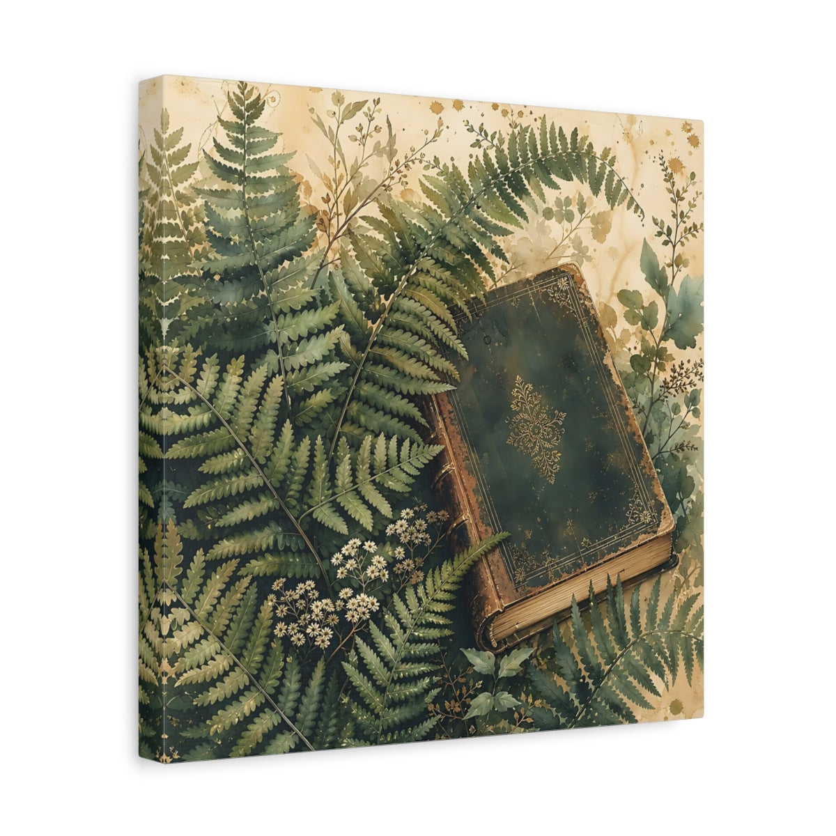 Side Mockup 7. Muted Tonal Painting Fern Leaves Beside Old Book shown as stretched canvas wall art
