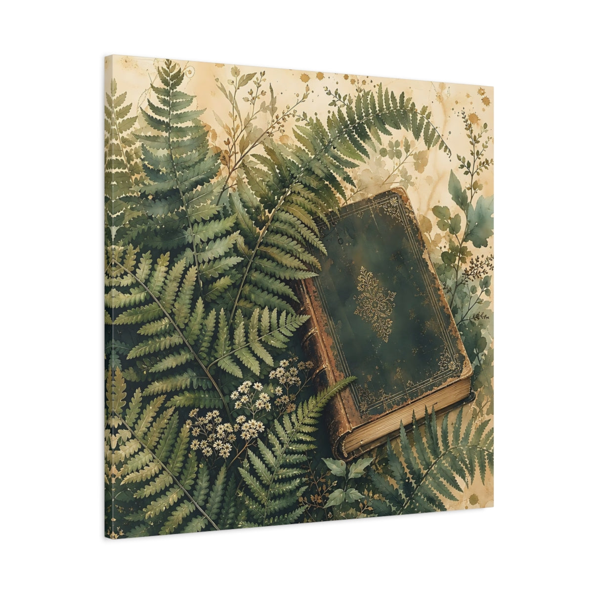 Side Mockup 3. Muted Tonal Painting Fern Leaves Beside Old Book shown as stretched canvas wall art