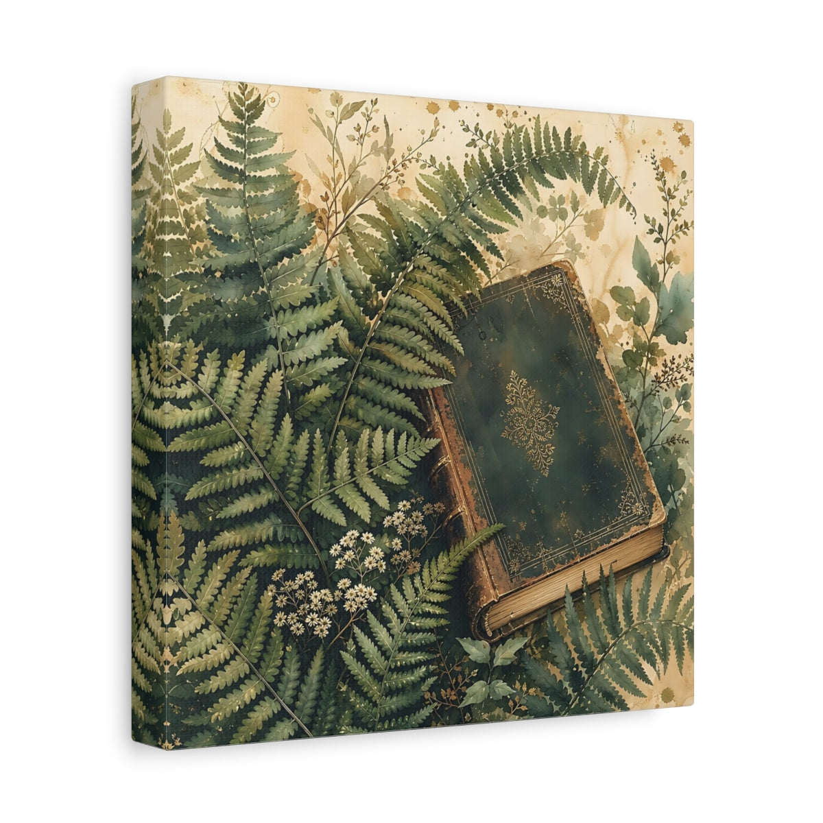 Side Mockup 9. Muted Tonal Painting Fern Leaves Beside Old Book shown as stretched canvas wall art