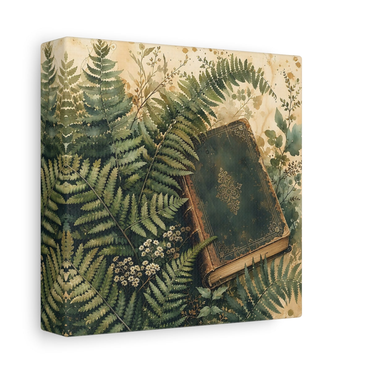 Side Mockup 2. Muted Tonal Painting Fern Leaves Beside Old Book shown as stretched canvas wall art
