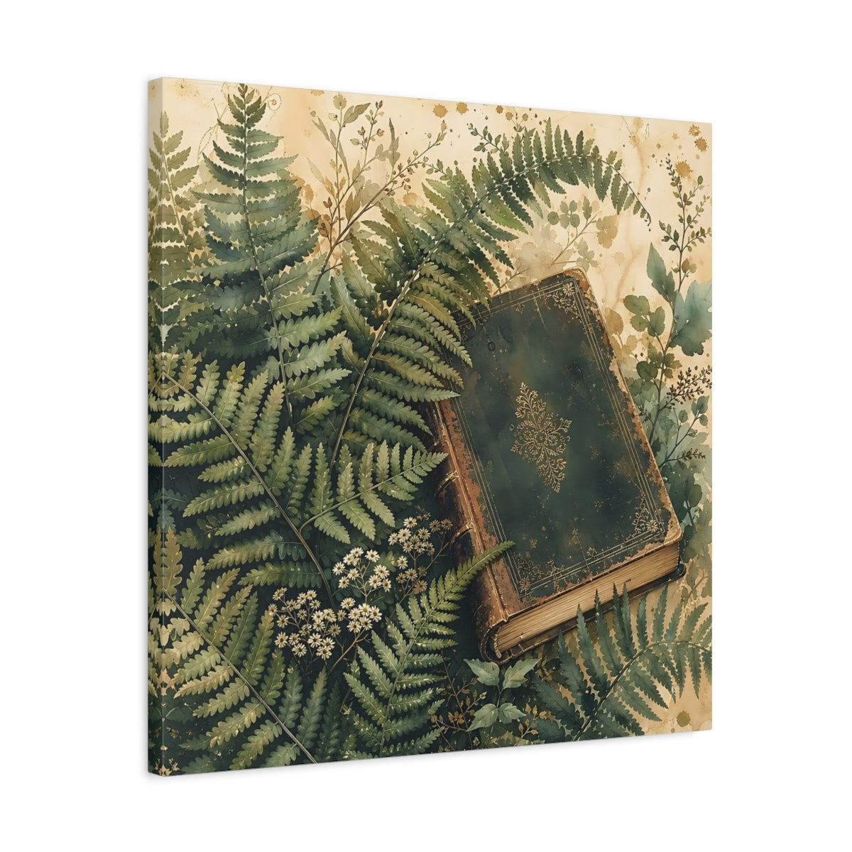 Side Mockup 4. Muted Tonal Painting Fern Leaves Beside Old Book shown as stretched canvas wall art