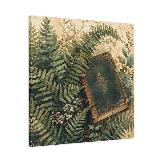 Main Mockup. Muted Tonal Painting Fern Leaves Beside Old Book shown as stretched canvas wall art