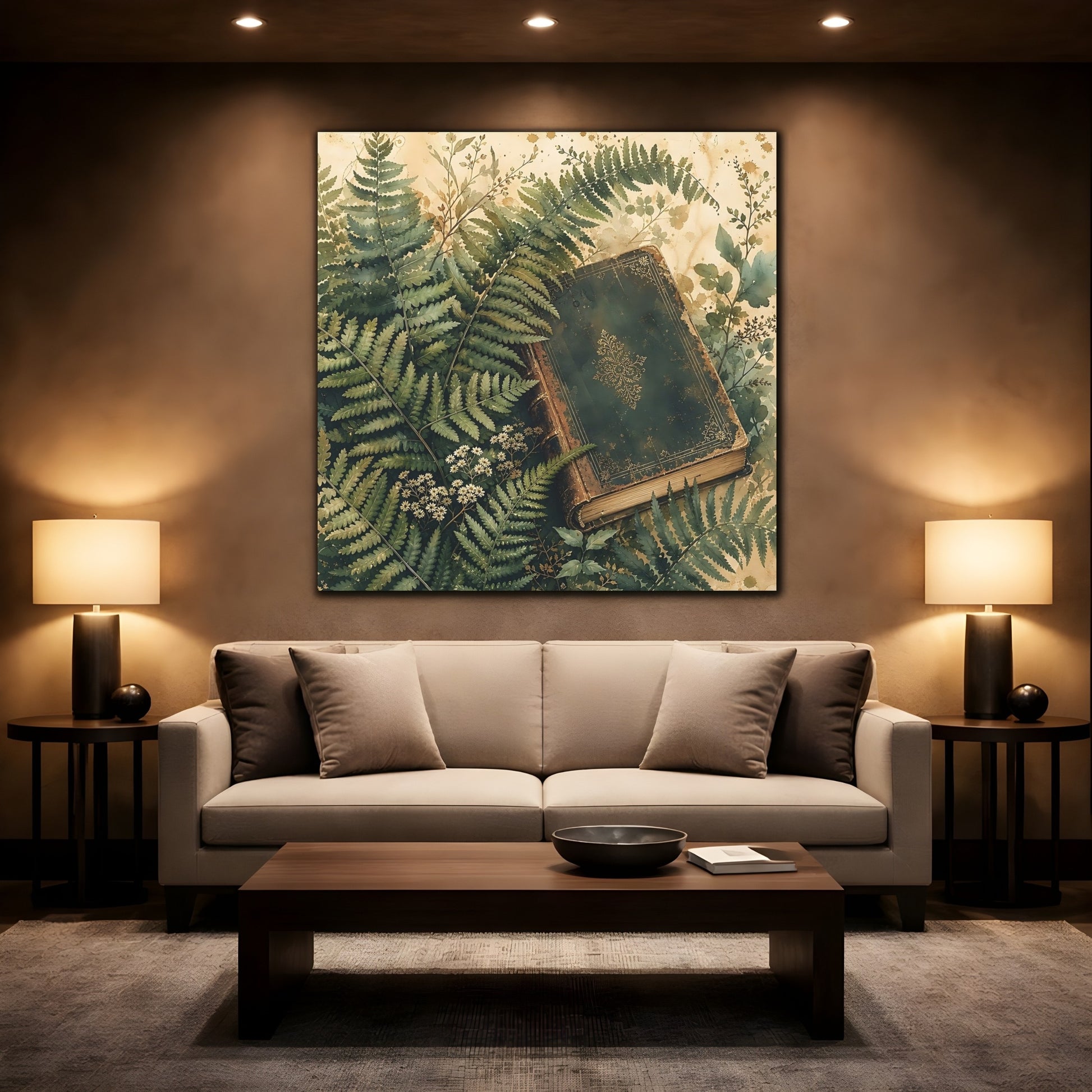 Mockup 2. Muted Tonal Painting Fern Leaves Beside Old Book shown as stretched canvas wall art