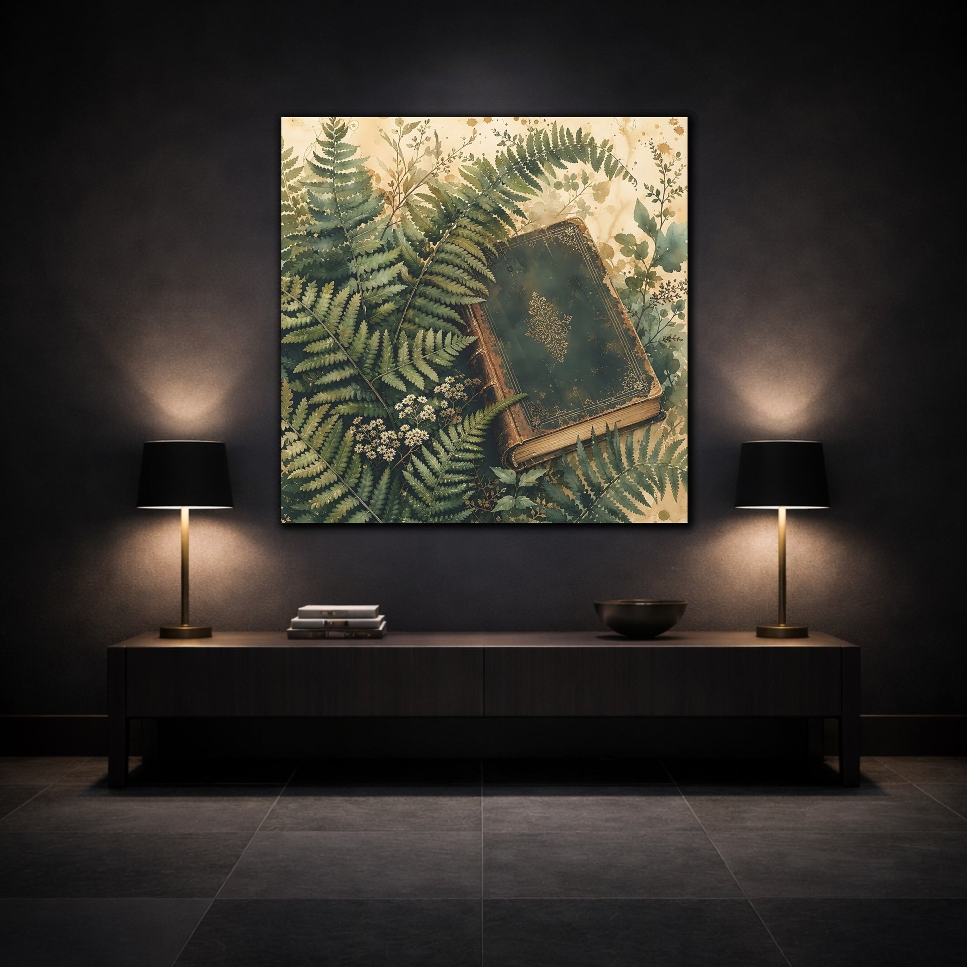Mockup 3. Muted Tonal Painting Fern Leaves Beside Old Book shown as stretched canvas wall art