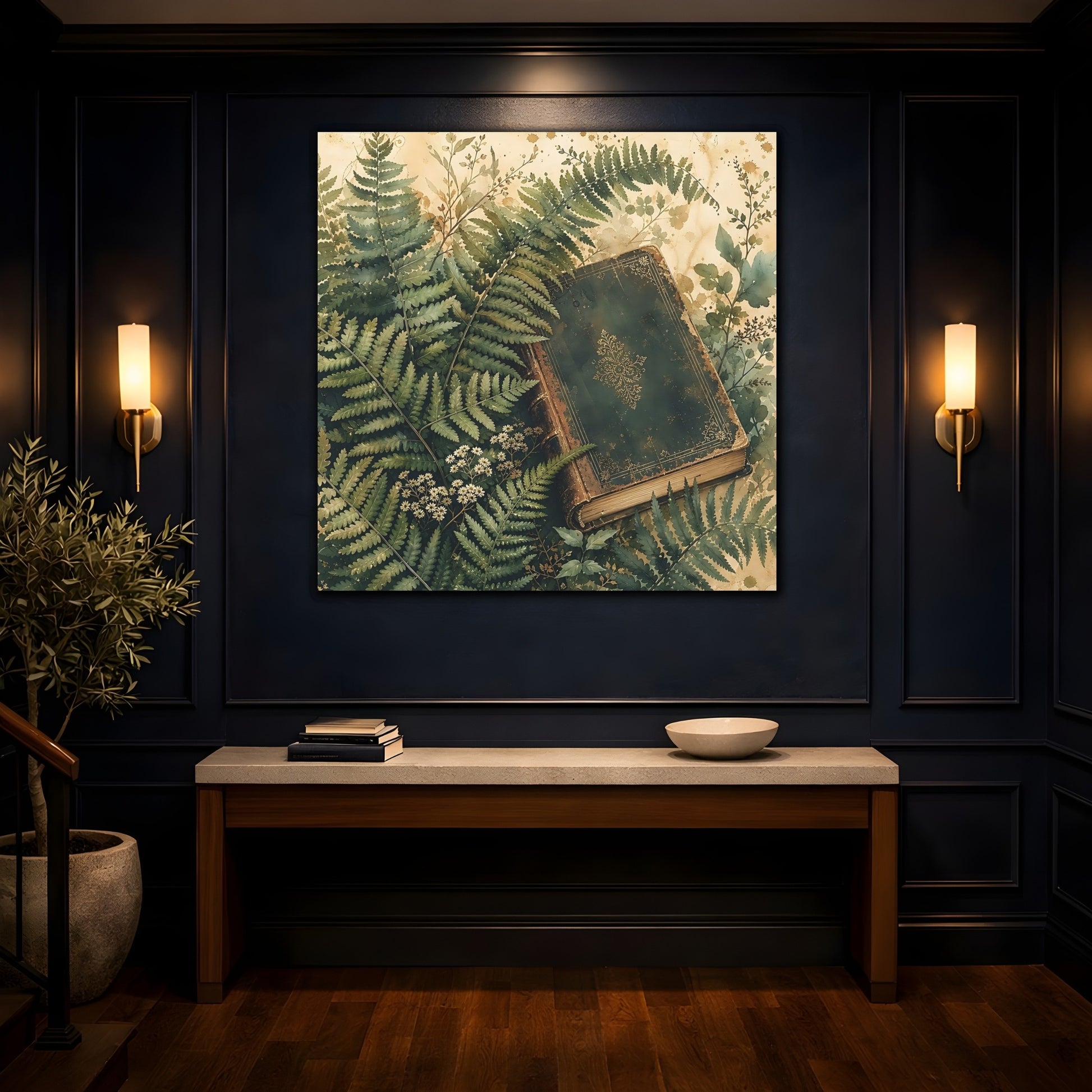 Mockup 4. Muted Tonal Painting Fern Leaves Beside Old Book shown as stretched canvas wall art
