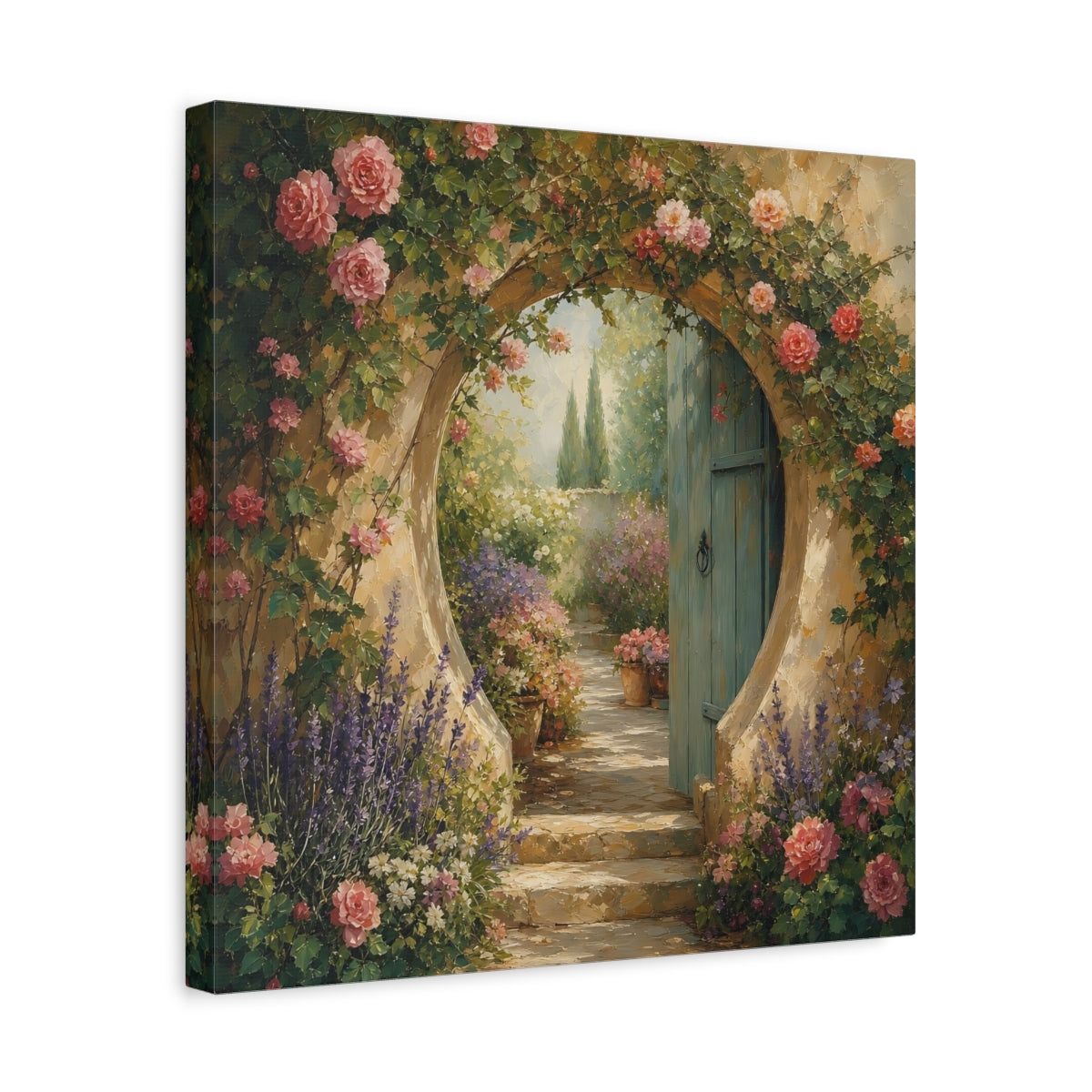 Side Mockup 6. Muted Tonal Painting Garden Doorway With Flowering Vines shown as stretched canvas wall art
