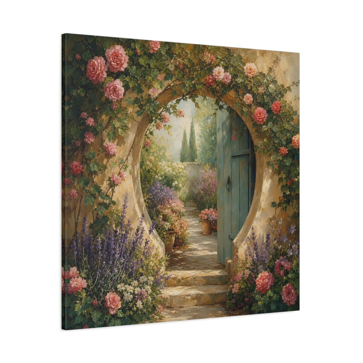 Side Mockup 1. Muted Tonal Painting Garden Doorway With Flowering Vines shown as stretched canvas wall art
