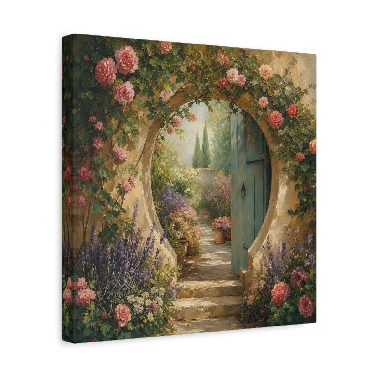 Side Mockup 7. Muted Tonal Painting Garden Doorway With Flowering Vines shown as stretched canvas wall art