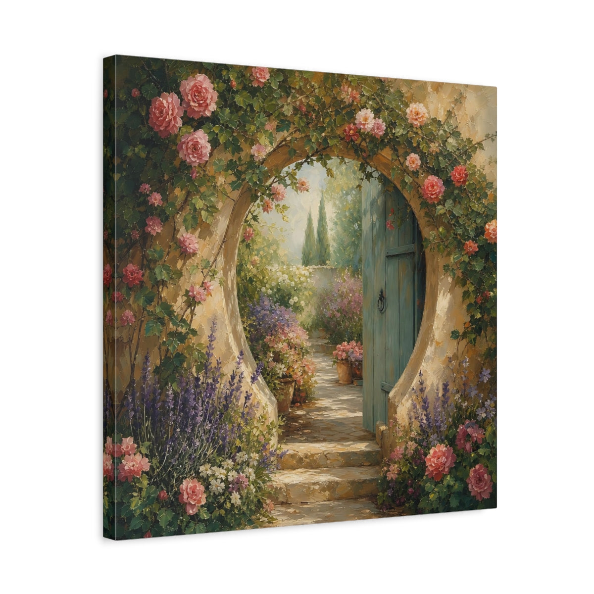 Side Mockup 5. Muted Tonal Painting Garden Doorway With Flowering Vines shown as stretched canvas wall art