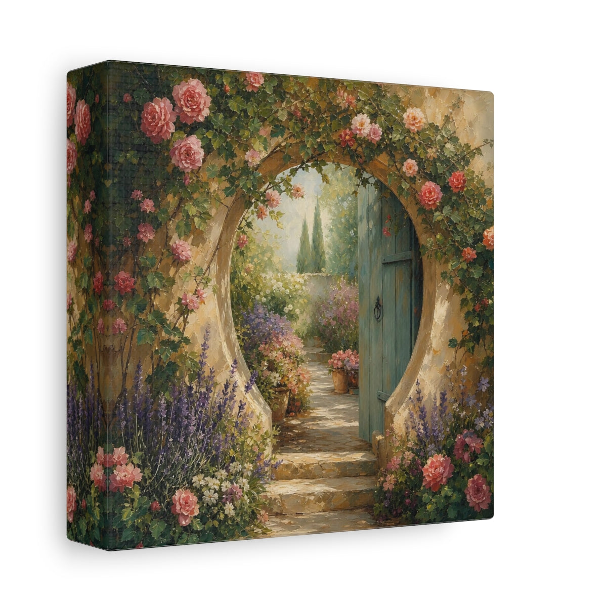 Side Mockup 2. Muted Tonal Painting Garden Doorway With Flowering Vines shown as stretched canvas wall art