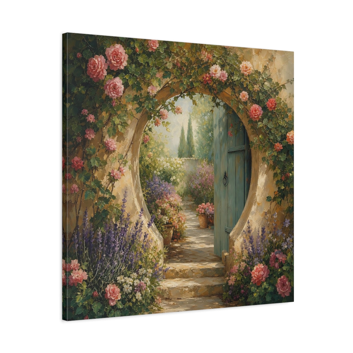 Side Mockup 3. Muted Tonal Painting Garden Doorway With Flowering Vines shown as stretched canvas wall art