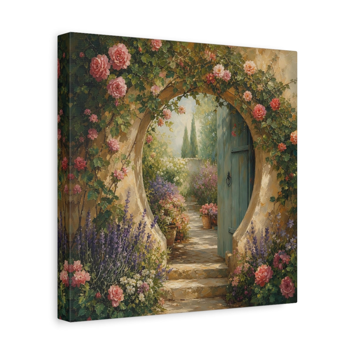 Side Mockup 8. Muted Tonal Painting Garden Doorway With Flowering Vines shown as stretched canvas wall art