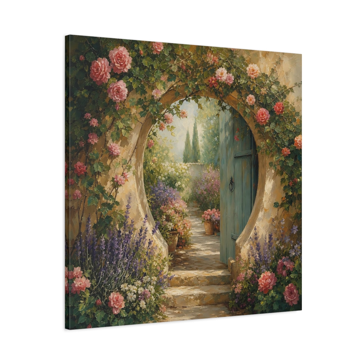 Main Mockup. Muted Tonal Painting Garden Doorway With Flowering Vines shown as stretched canvas wall art