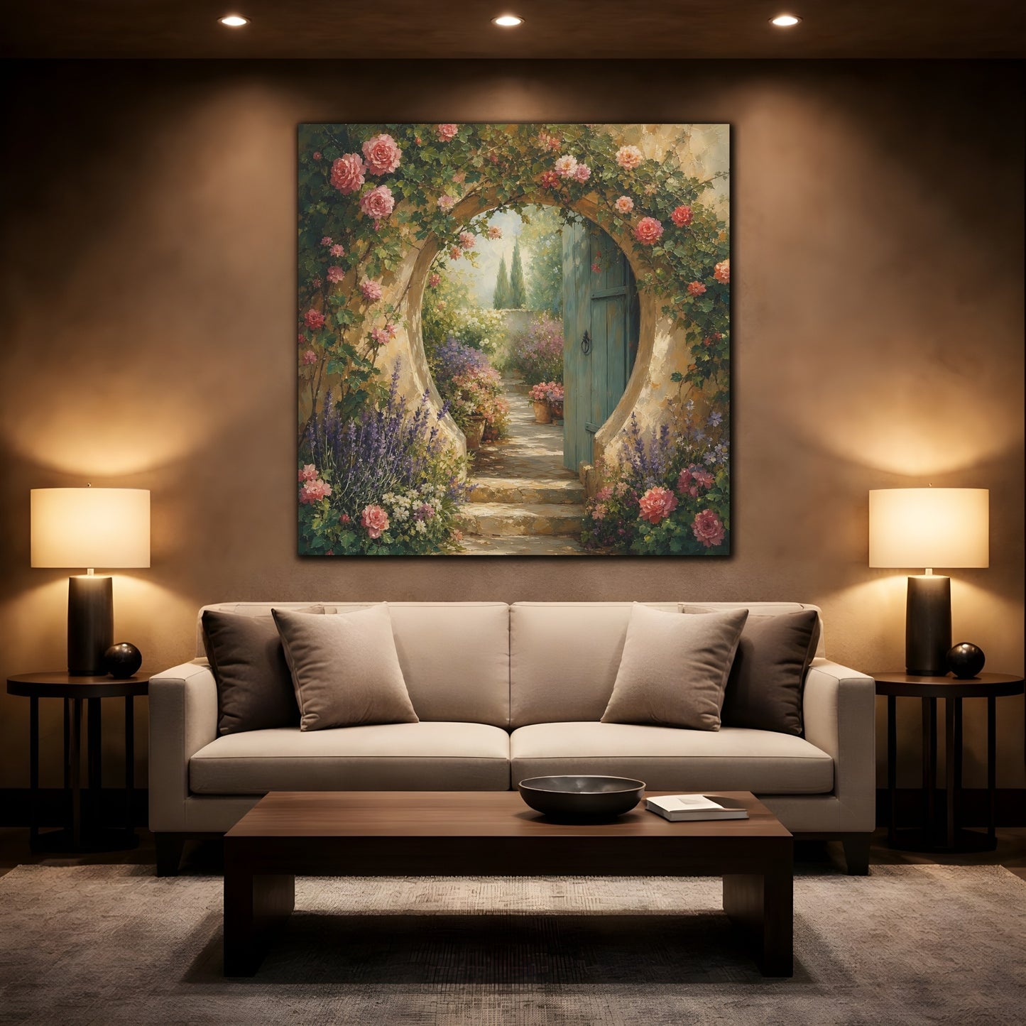 Mockup 2. Muted Tonal Painting Garden Doorway With Flowering Vines shown as stretched canvas wall art