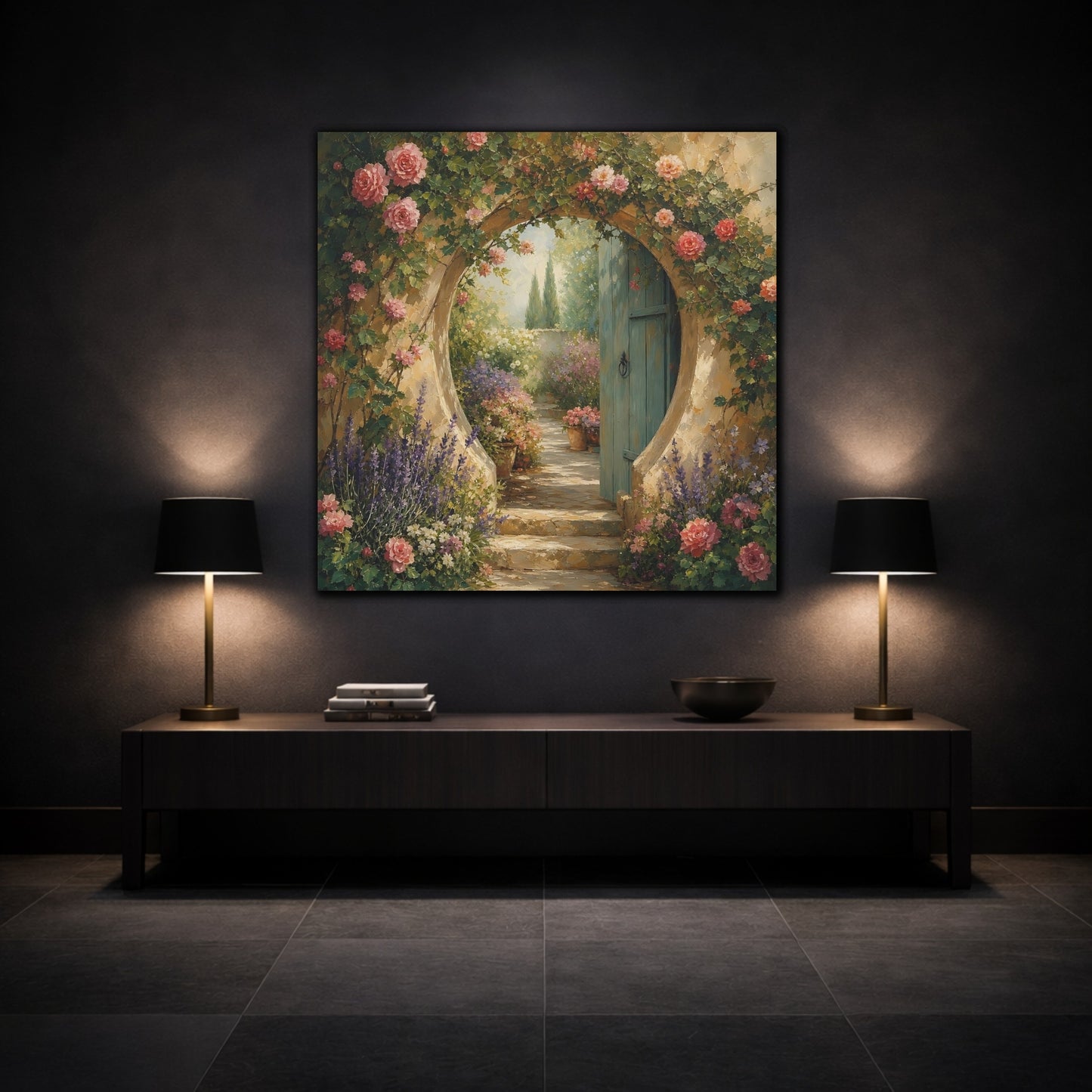 Mockup 3. Muted Tonal Painting Garden Doorway With Flowering Vines shown as stretched canvas wall art