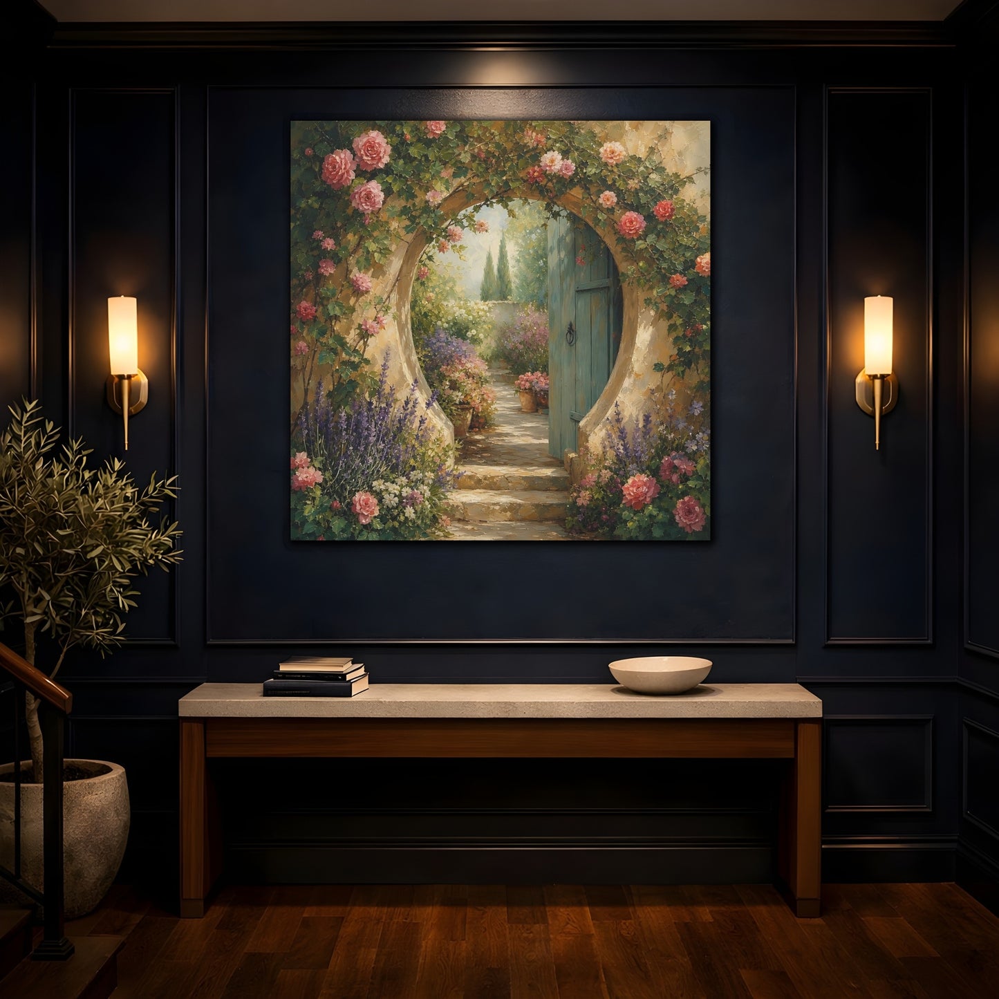 Mockup 4. Muted Tonal Painting Garden Doorway With Flowering Vines shown as stretched canvas wall art