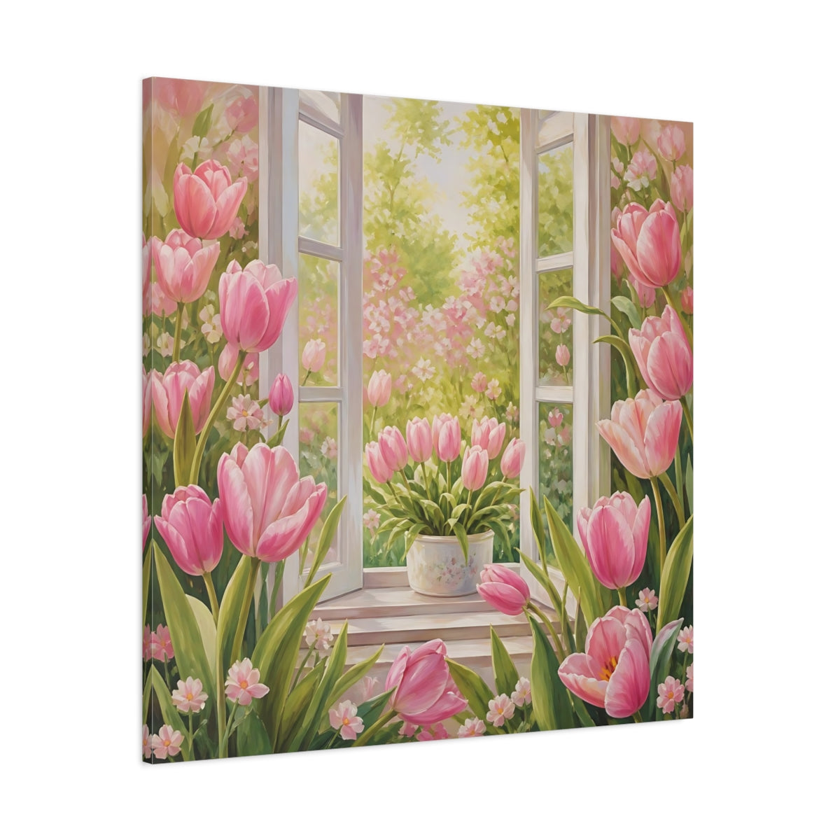 Side Mockup 1. Muted Tonal Painting Pink Tulips With Fresh Leaves shown as stretched canvas wall art