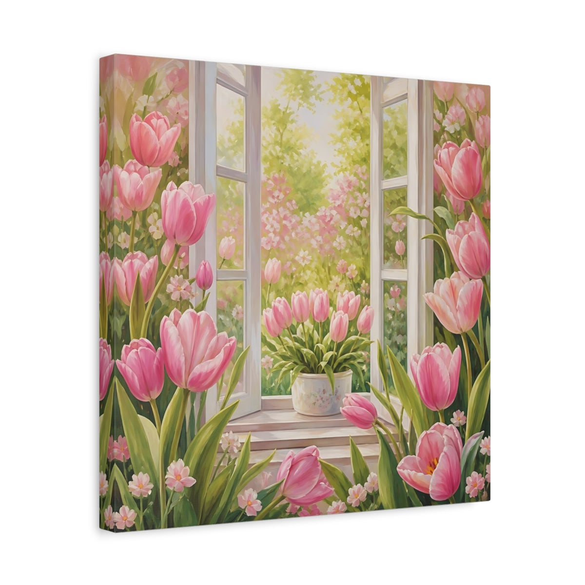 Side Mockup 6. Muted Tonal Painting Pink Tulips With Fresh Leaves shown as stretched canvas wall art