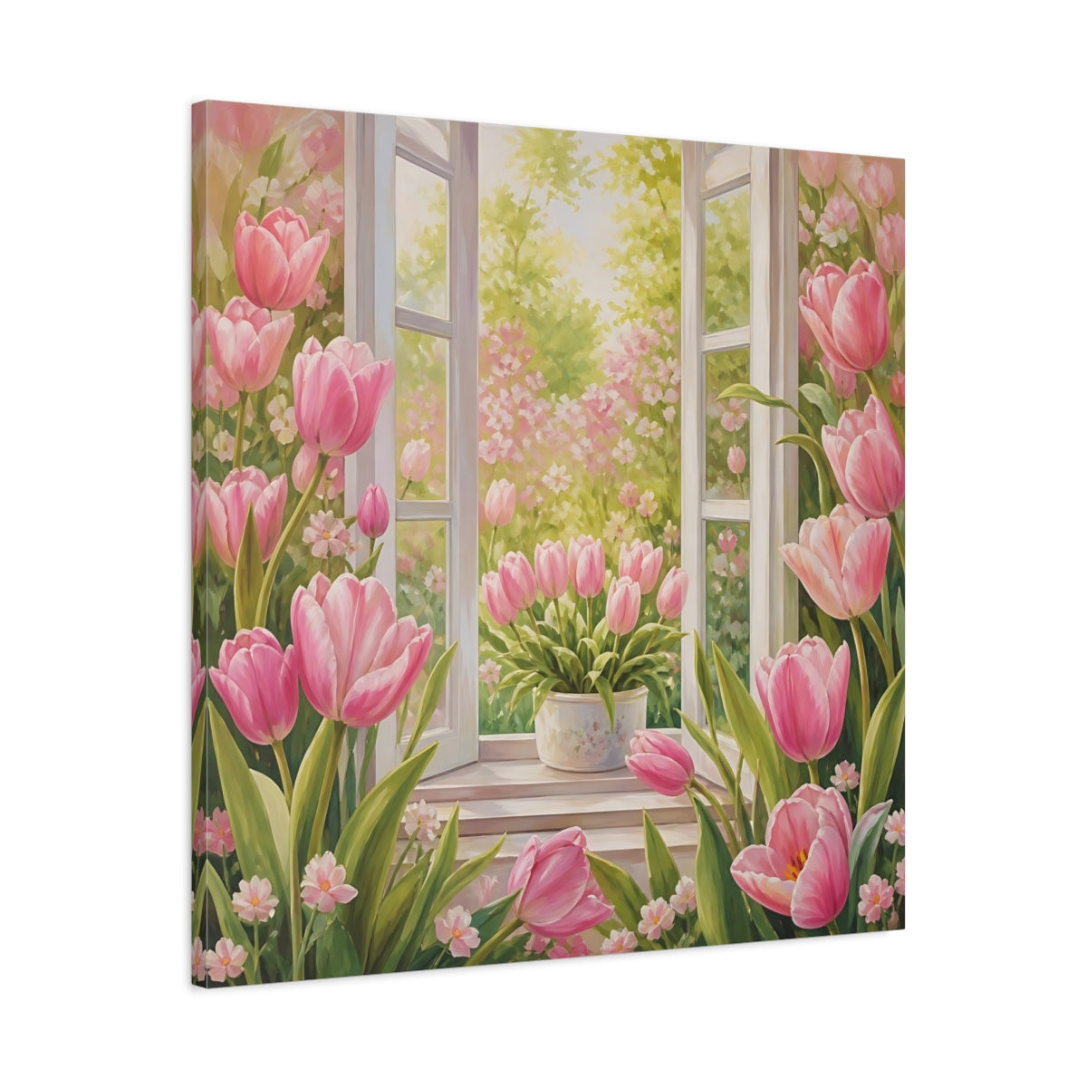 Side Mockup 3. Muted Tonal Painting Pink Tulips With Fresh Leaves shown as stretched canvas wall art