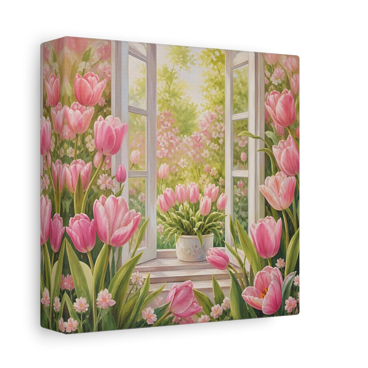 Side Mockup 2. Muted Tonal Painting Pink Tulips With Fresh Leaves shown as stretched canvas wall art