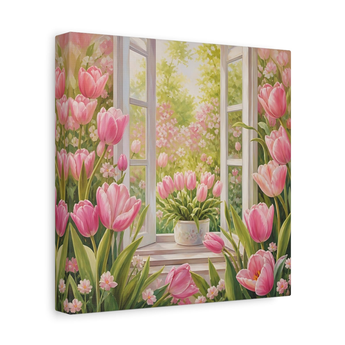 Side Mockup 9. Muted Tonal Painting Pink Tulips With Fresh Leaves shown as stretched canvas wall art