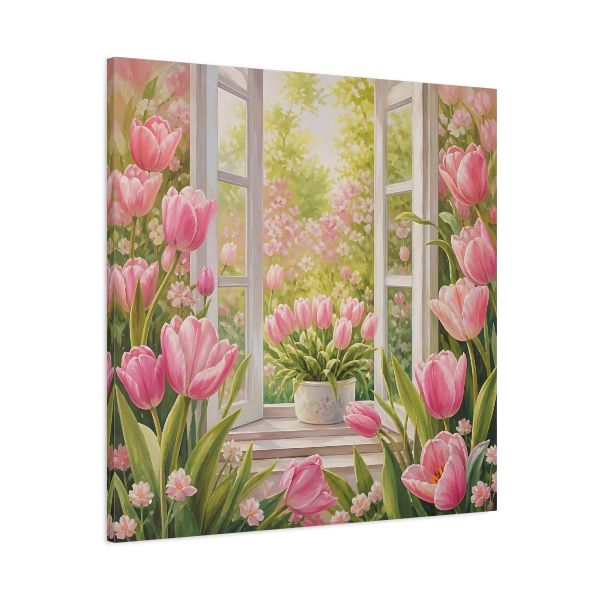 Main Mockup. Muted Tonal Painting Pink Tulips With Fresh Leaves shown as stretched canvas wall art
