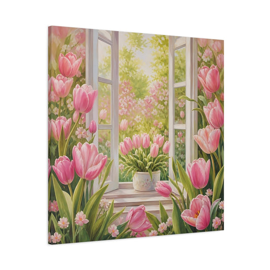 Main Mockup. Muted Tonal Painting Pink Tulips With Fresh Leaves shown as stretched canvas wall art