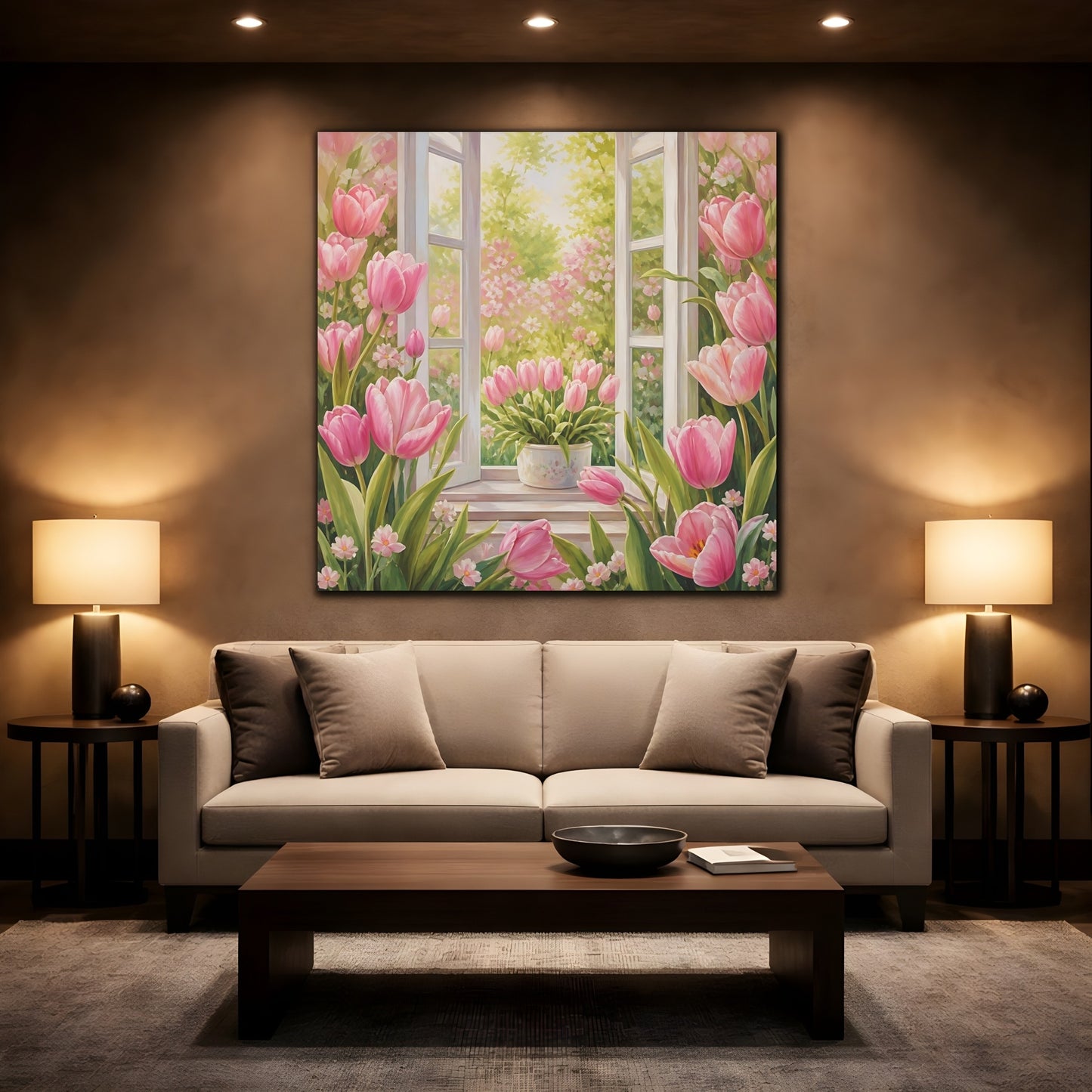 Mockup 2. Muted Tonal Painting Pink Tulips With Fresh Leaves shown as stretched canvas wall art