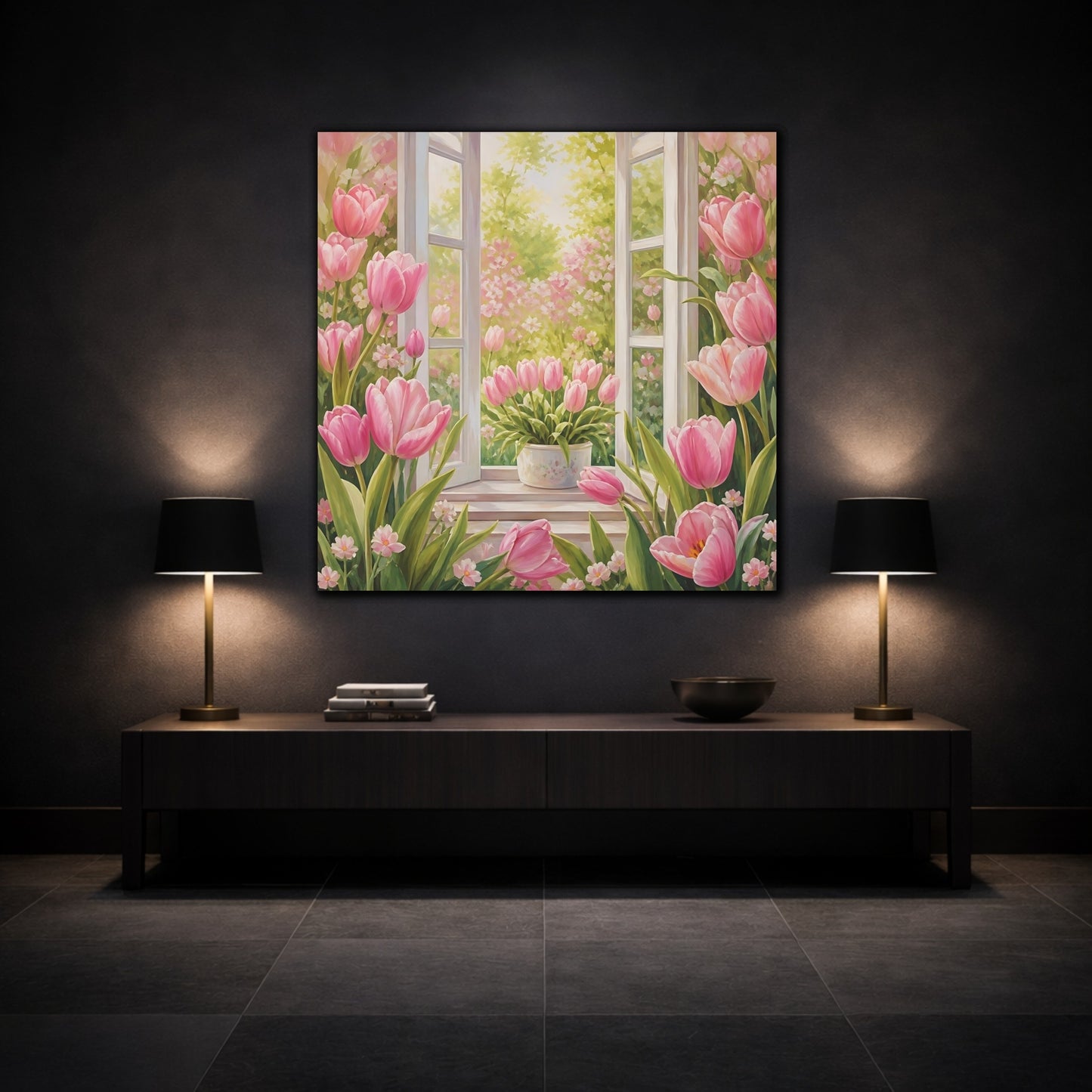 Mockup 3. Muted Tonal Painting Pink Tulips With Fresh Leaves shown as stretched canvas wall art