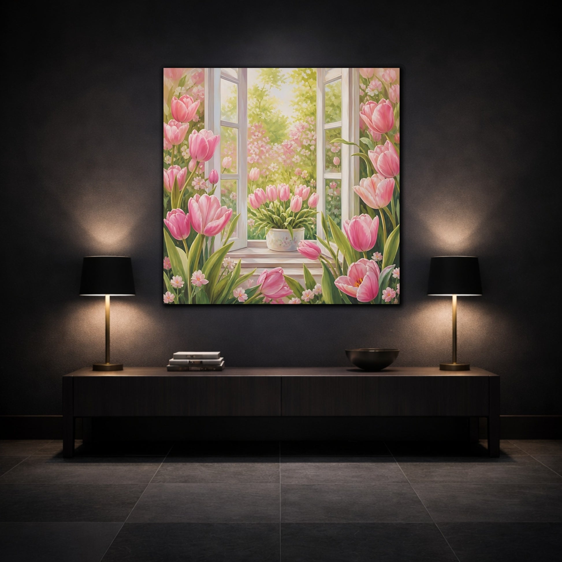 Mockup 3. Muted Tonal Painting Pink Tulips With Fresh Leaves shown as stretched canvas wall art