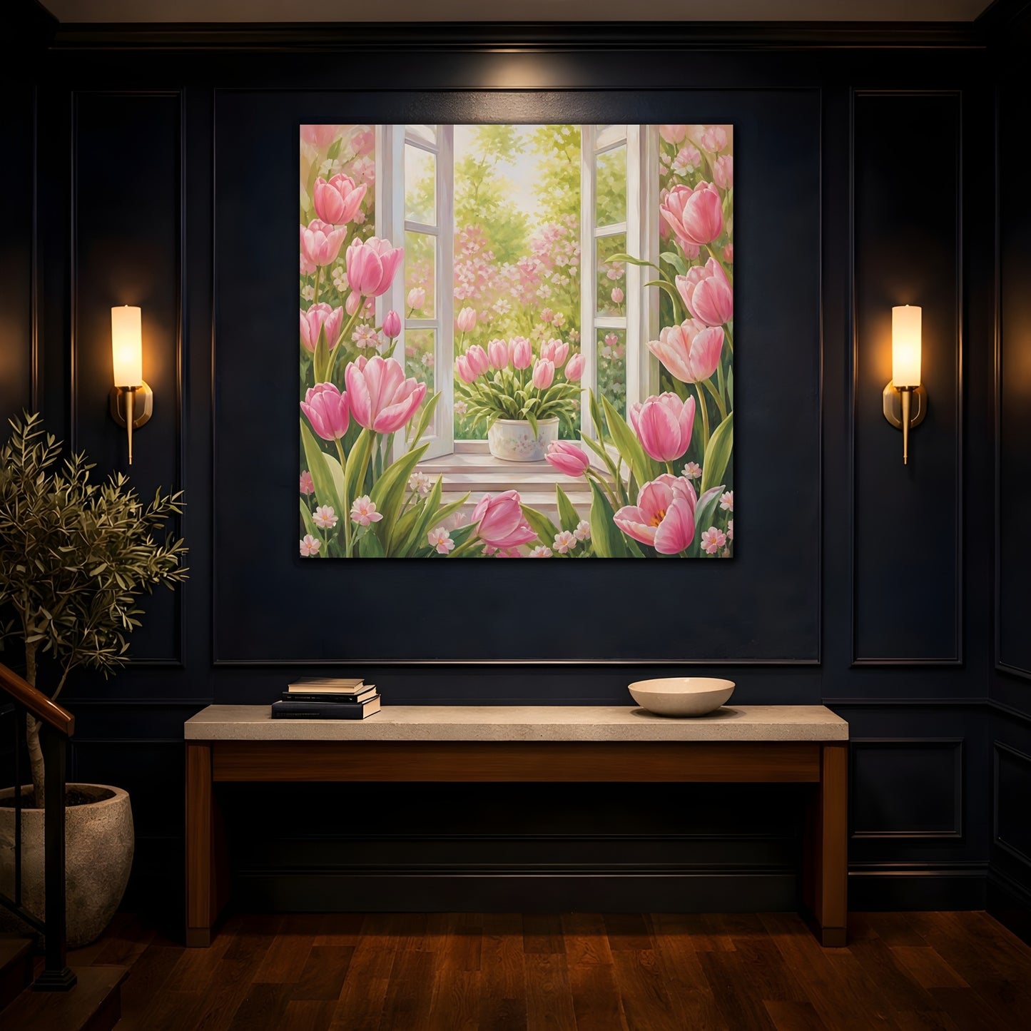 Mockup 4. Muted Tonal Painting Pink Tulips With Fresh Leaves shown as stretched canvas wall art