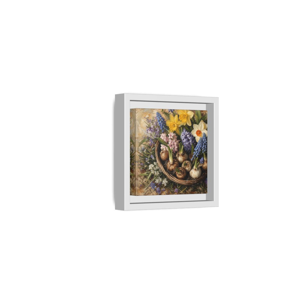 Side Mockup 22. Muted Tonal Painting Spring Bulbs In Shallow Basket shown as stretched canvas wall art