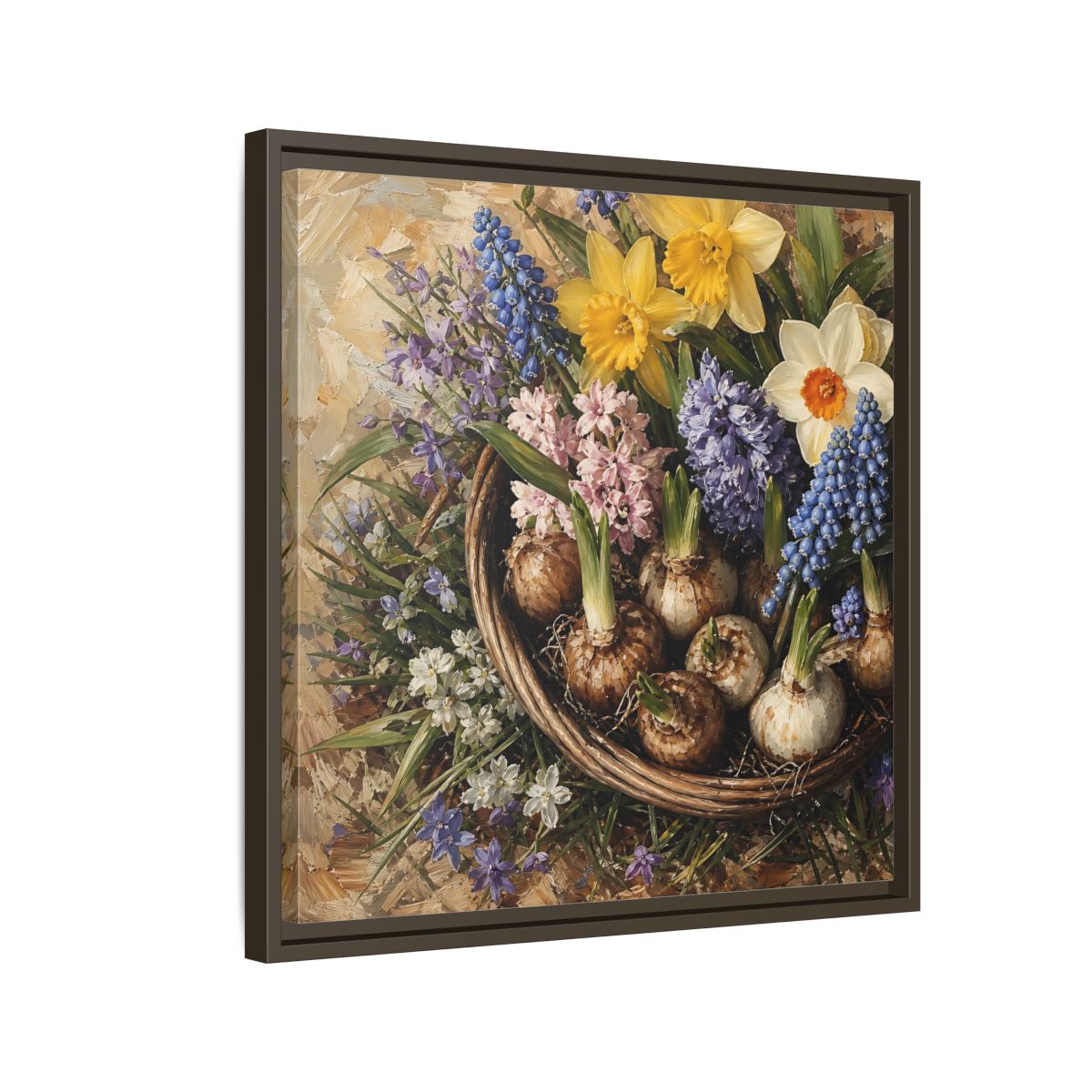 Side Mockup 11. Muted Tonal Painting Spring Bulbs In Shallow Basket shown as stretched canvas wall art