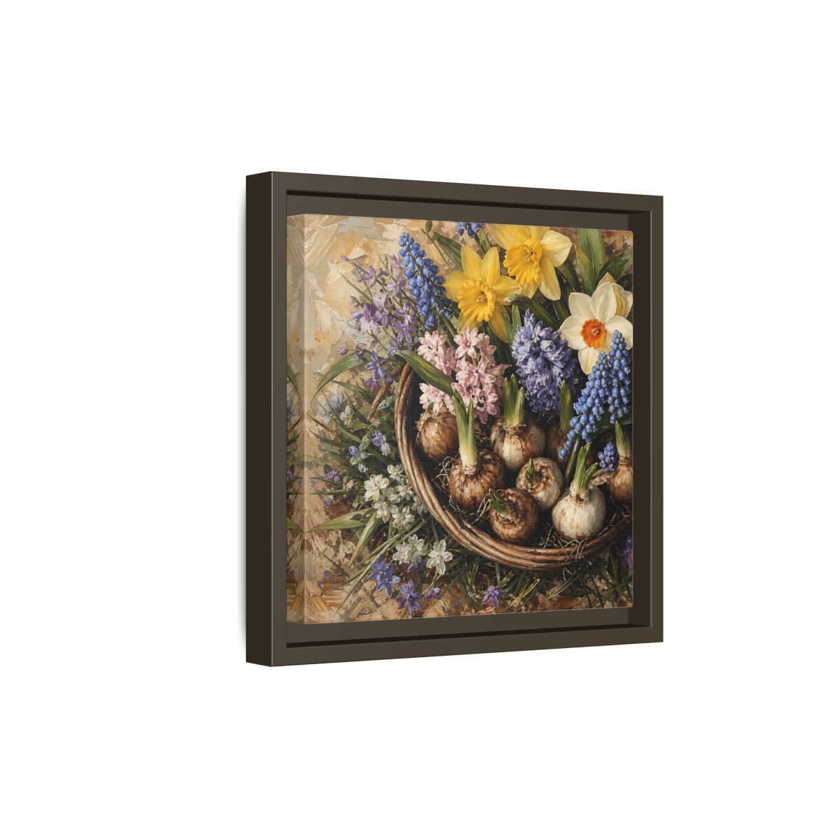 Side Mockup 20. Muted Tonal Painting Spring Bulbs In Shallow Basket shown as stretched canvas wall art