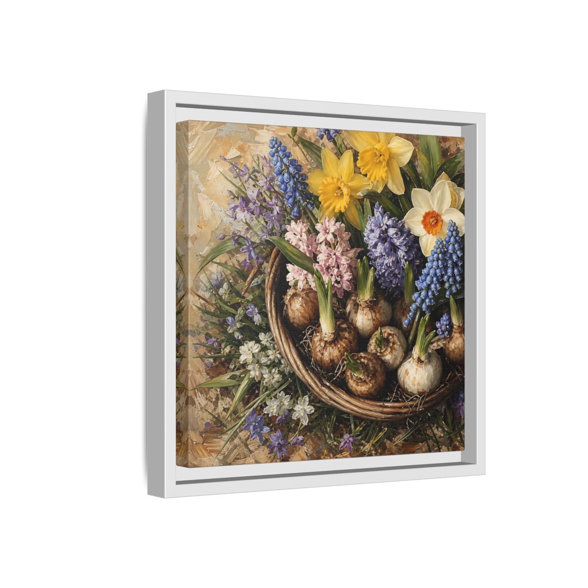 Side Mockup 16. Muted Tonal Painting Spring Bulbs In Shallow Basket shown as stretched canvas wall art